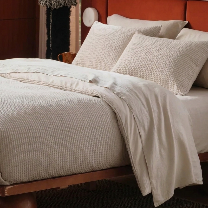 Beige Cotton Waffle Weave Bed Set
