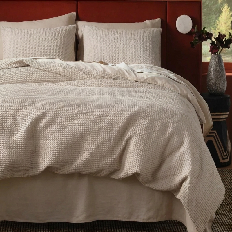Beige Cotton Waffle Weave Bed Set