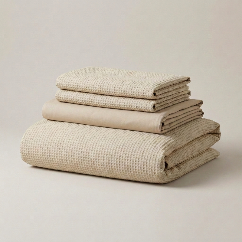 Beige Cotton Waffle Weave Bed Set