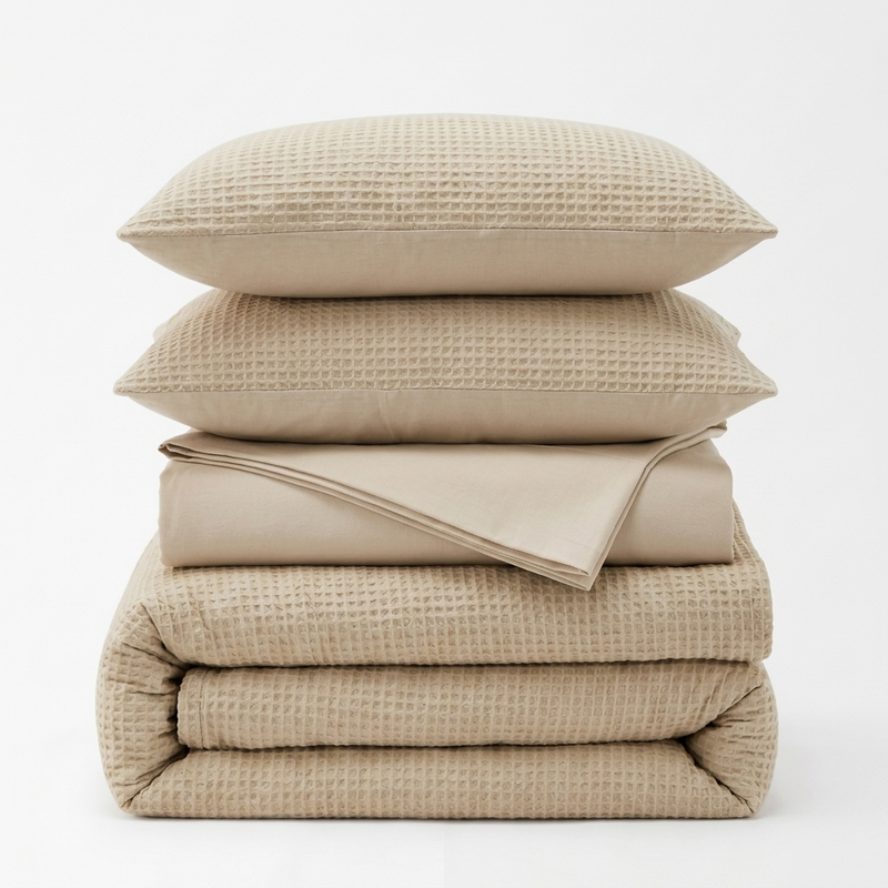 Beige Cotton Waffle Weave Bed Set