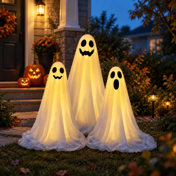 Ghost Family – three life-size glowing 165 cm ghosts in a garden at dusk